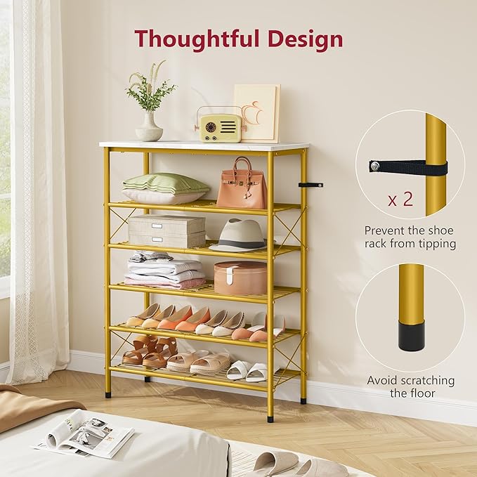 Tajsoon 6 Tier Shoe Rack Organizer for 20-24 Pairs of Shoes, Metal Mesh Shoe Shelf for Closet, Industrial Shoe Rack for Entryway Shoe Storage with X Shape Fixed Frame, White & Gold-NeatNest