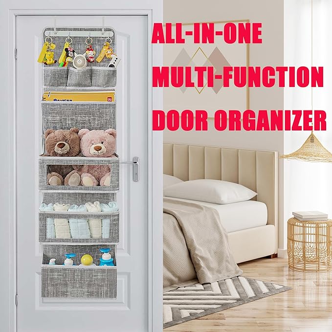 VICTORICH All-IN-ONE Over the Door Organizer, Super Behind the Door Storage Organizer with Door Rack and Large Clear Windows, Wall File Organizer, Hanging Organizer (New Grid Gray)