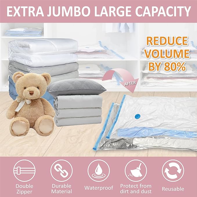 6 Pack XXL Jumbo Vacuum Storage Bags, Extra Large Vacuum Seal Bags for Comforters, Bedding, Blanket Storage, Giant Space Saver Bags for Huge Stuffed Toy (47.2x35 in)-NeatNest