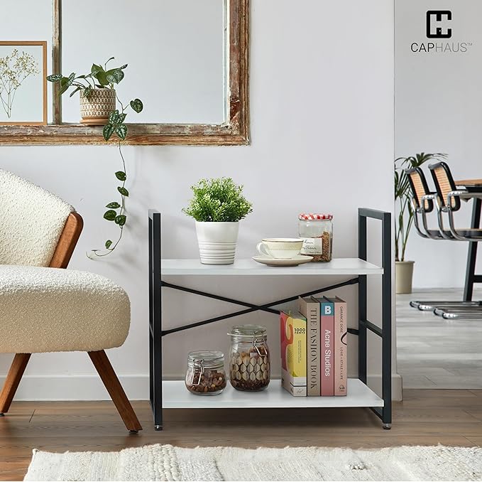 CAPHAUS 3 Tier Small Bookshelf, 24 Inch Width Free Standing Shelf, Bookcase Shelf Storage Organizer, Industrial Book Shelves for Home Office, Living Room, White Shelves & Metal Frame-NeatNest