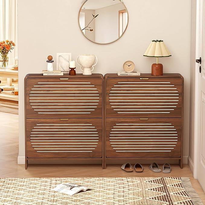 Narrow Shoe Storage Cabinet for Entryway with 2 Flip Drawers, Freestanding Wood Shoe Cabinet with Arched Stripe Panel, Curved Edge Shoe Organizer Closed Shoe Rack for Hallway, Foyer (Walnut)-NeatNest