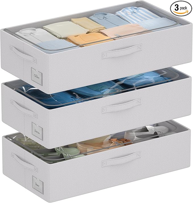 3Pcs Under Bed Storage Bins with Metal Frame - Shoe Organizer for Closet with Clear Cover Oxford Fabric Sturdy Underbed Container Foldable Stackable Clothes Organizer (Grey, 23.5x11.8x6.3)-NeatNest