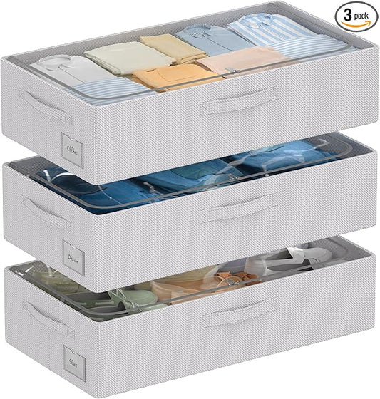3Pcs Under Bed Storage Bins with Metal Frame - Shoe Organizer for Closet with Clear Cover Oxford Fabric Sturdy Underbed Container Foldable Stackable Clothes Organizer (Grey, 23.5x11.8x6.3)-NeatNest