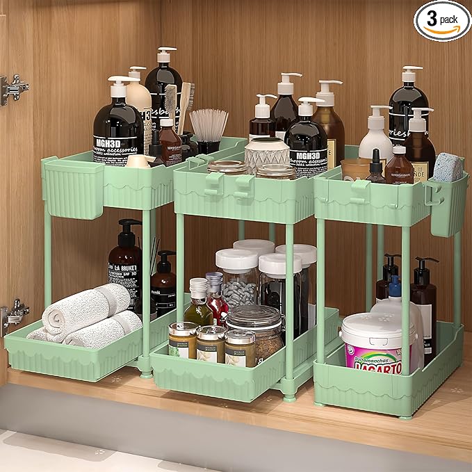 3 Pack Under Sink Organizers, 2-Tier Multi-Use Kitchen and Bathroom Organizers and Storage with Sliding Drawers，Bathroom Cabinet Organizer (Green, 12.8 Inch)-NeatNest
