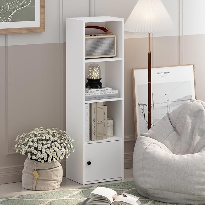 Furinno Luder Shelf Bookcase with 1 Door Storage Cabinet, White-NeatNest