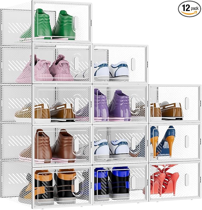 BALEINE 12 Pack Stackable Shoe Storage Boxes Fit Size 9, Thickened Clear Shoe Box Bins with Lids, Plastic Foldable Organizer Sneaker Storage Containers (12 Pack, Large White)-NeatNest