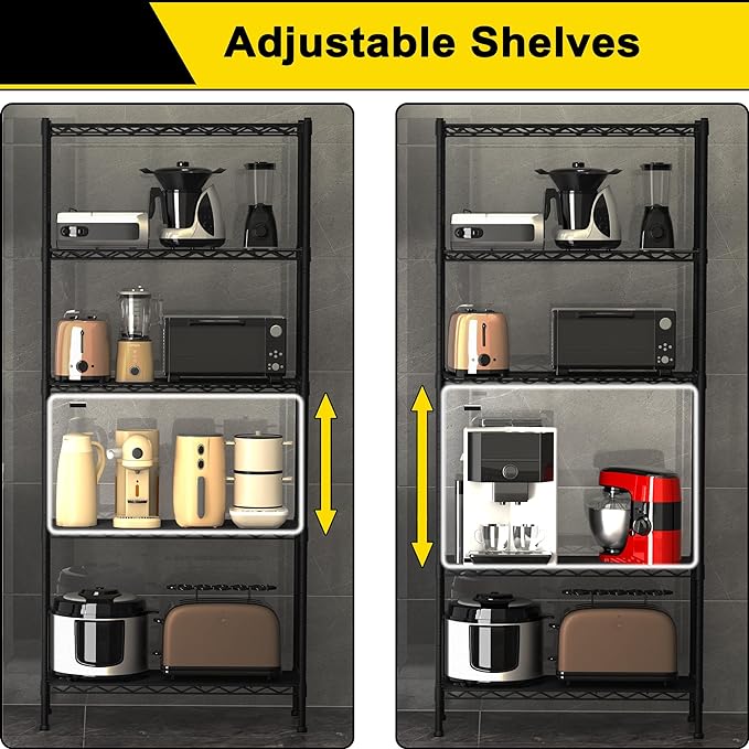 GIOTORENT 5-Wire Garage Shelving Storage Shelves, Metal Shelf Organizer 1750Lbs Capacity, Kitchen Storage Adjustable Shelf for Laundry Bathroom Pantry Closet, Black 36.2''L x 14''W x 72.3''H