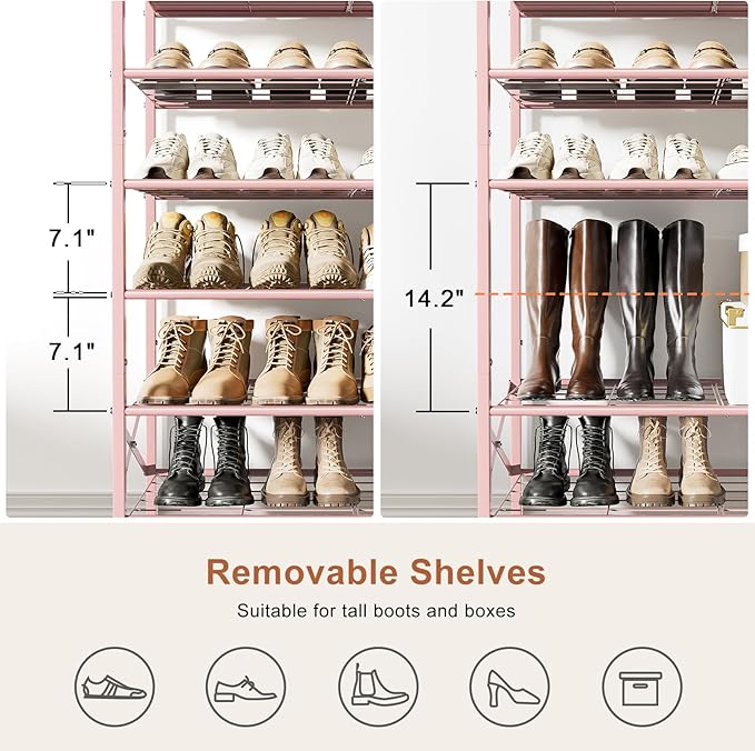 8-Tier Tall Shoe Rack Organizer Shoe Storage for Entryway 24-32 Pairs Metal Shoe Rack for Closet Heavy-Duty Shoe Rack with Wooden Top Shelf for Garage Pink-NeatNest