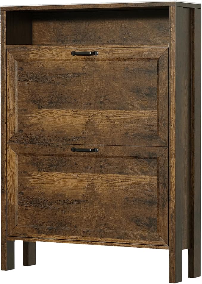 Shoe Storage Cabinet with 2 Flip Drawers, Wooden Shoe Rack with Metal Handle, Freestanding Hidden Shoe Storage Organizer with Open Shelf, Narrow Shoe Rack for Entryway, Hallway (Brown)