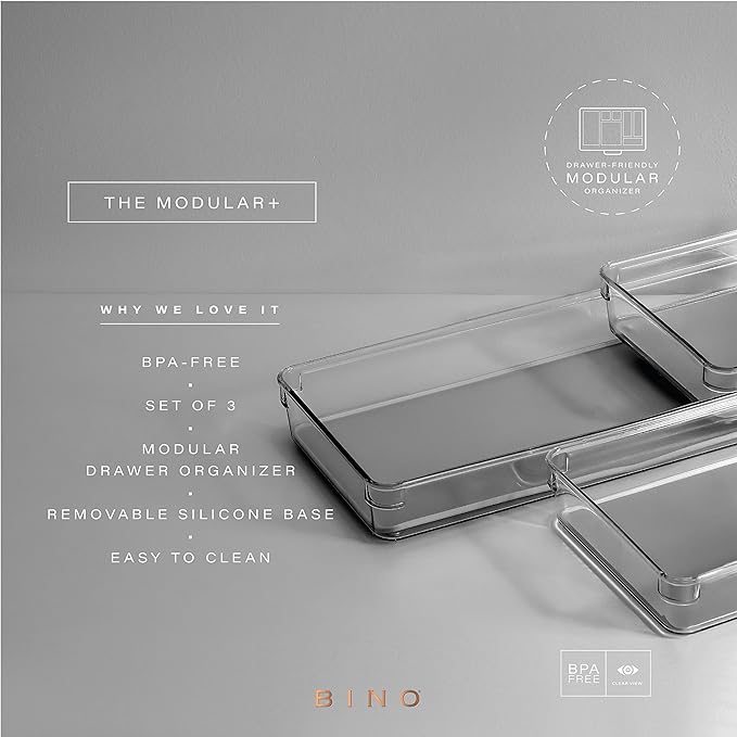 BINO | 3-Piece Drawer Organizer Bin Set - Grey, Large | THE MODULAR+ | Multi-Purpose Storage | Soft-Grip Lining and Non-Slip Rubber Feet | Durable | BPA-Free | Desk Drawer Organizer | Vanity Organizer-NeatNest