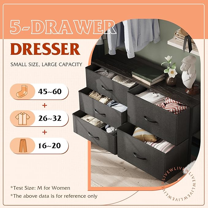 WLIVE Dresser for Bedroom with 5 Drawers, Wide Bedroom Dressers with Drawer Organizers, Chest of Drawers, Fabric Dresser for Living Room, Closet, Hallway, Charcoal Black-NeatNest