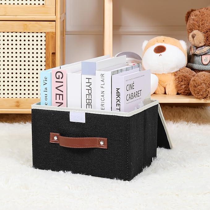 ANMINY Storage Bin with Lid Storage Boxes with PU Leather Handles PP Plastic Board Decorative Foldable Lidded Cotton Linen Fabric Home Cubes Baskets Closet Organizer Container - Black, Small Size-NeatNest
