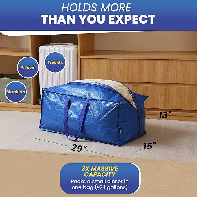 Extra Large Moving Bags - 6-Pack Heavy Duty Storage Duffel - Sturdy Backpack Straps Handles, Zippers - Reusable Moving Storage Bags for Clothes - Folding Collapsible Storage Tote Bag Set – Blue