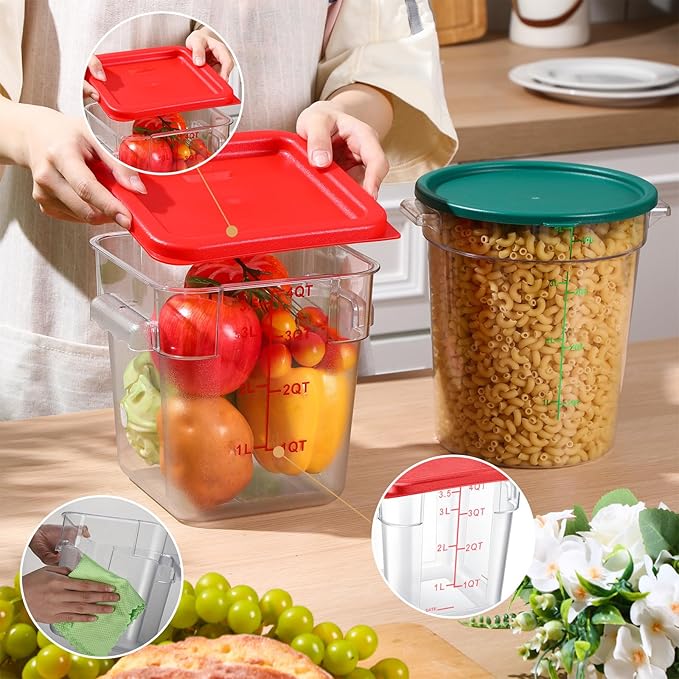 4 Pcs Food Storage Container with Lids Set 4 Qt Square and Round Clear PC Commercial Containers with Scale Handle for Home Restaurant Kitchen Food Storage, Dough Rise, Flour(Green and Red)