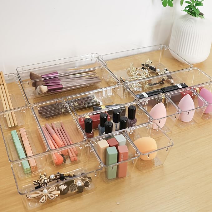 25 PCS Clear Plastic Drawer Organizer Set,Vanity Organizer Storage Bins Containers,4 Size Desk Drawer Organizer Tray-NeatNest