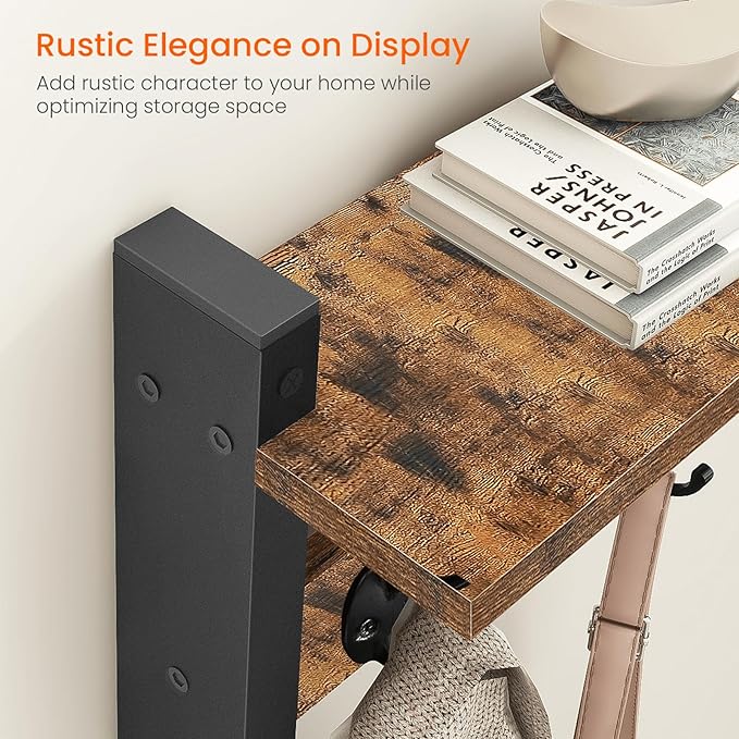 Homode Coat Rack with Wall Mount, 24 Inch Long Entryway Wall Shelf with Hooks, Wood Hanger with Storage Shelf for Bathroom, Hallway, Rustic Brown Black
