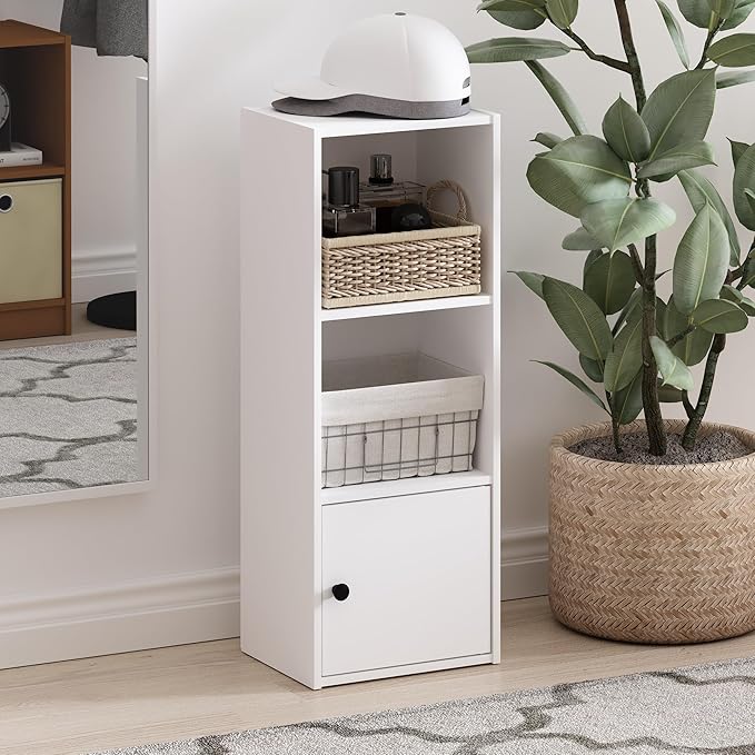 Furinno Luder Shelf Bookcase with 1 Door Storage Cabinet, White-NeatNest