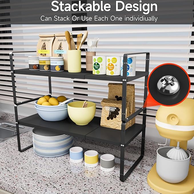 2Pack 16.5-27’’L Expandable Kitchen Shelf Organizer, Stackable Shelves Organizer, Adjustable Height Pantry Spice Rack for Cabinet, Countertop, Pantry and Cupboard, Black
