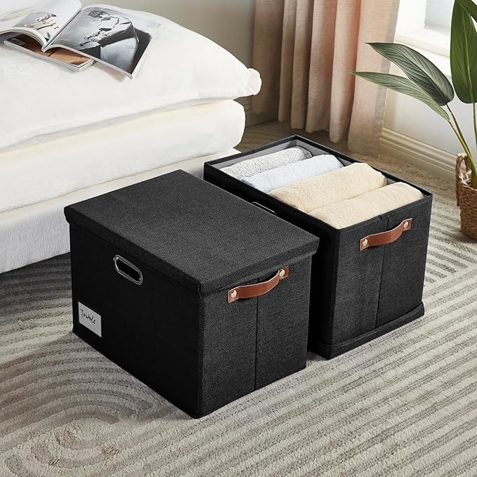 17" Large Collapsible Storage Bins with Lids, Stackable Closet Organizers with PU Handle and Labels, 3-Pack Decorative Fabric Storage Boxes for Home, Bedroom, Closet, Office, Nursery(Black)-NeatNest