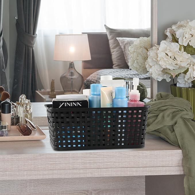 Anbers Plastic Weave Storage Baskets Bins, 6 Packs Small Storage Basket, Black-NeatNest
