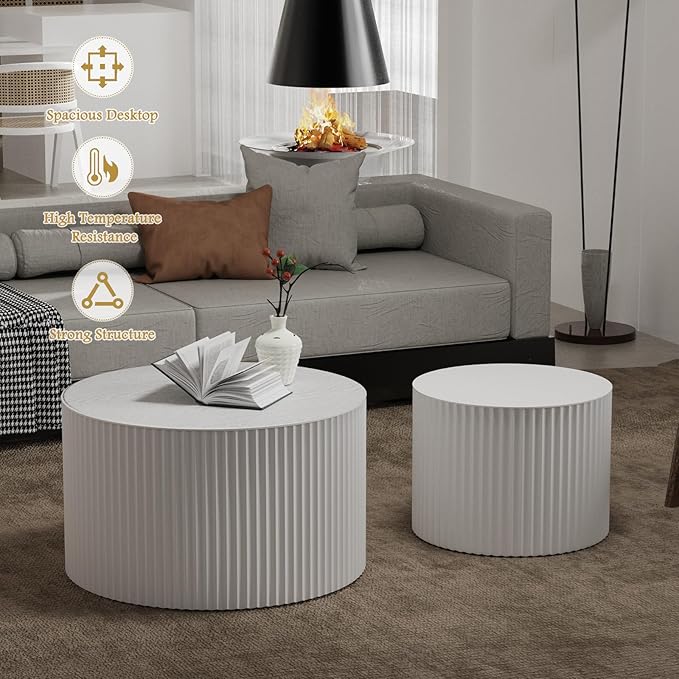 Round Coffee Table Set of 2 Modern Nesting Coffee Tables Wooden Drum Coffee Tables with Non-Slip Feet, Circle Nesting Tables End Table for Living Room Office, No Assembly (White 27.56"+19.69")
