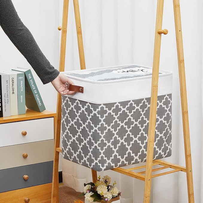 DULLEMELO Storage Baskets Large 17"x12"x15" Foldable Rectangular Storage Bins Baskets for Organizing [2 Pack] Fabric Nursery Storage Baskets for Home,Office,Closet,Clothes,Toys (White&Lattice Grey)