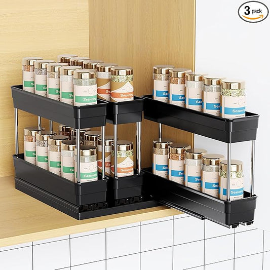 3 Packs Pull Out Spice Rack Organizer for Cabinet, Vertical Spice Rack Pull Out, Heavy Duty Slide Out Seasoning Organizer, 2.3''Wx10.35''Dx8.26''H, 3 Drawers 2 Tiers(Black)