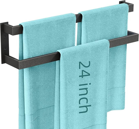 Double Towel Bar, 24Inch Towel Rack for Bathroom,Towel Holder Wall Mounted, Double Towel Rod Towel Rail Hanger for Wall, Kitchen (Matte Black)