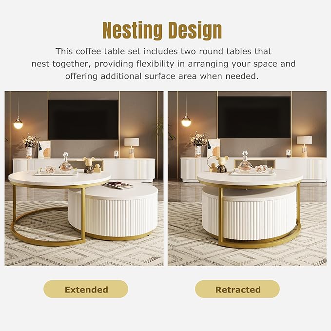27.6" Modern Round Nesting Coffee Table Fluted with Drawer for Living Room in White & Gold