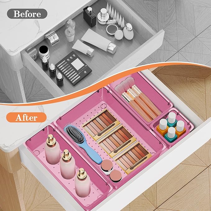 25 PCS Plastic Drawer Organizer Set, 4-Size Versatile Organizer Trays & storage Bins for Makeup, Jewelry, and Gadgets in Bathroom, Bedroom and Office, Clear Pink-NeatNest