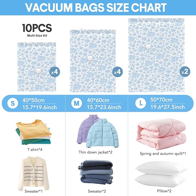 10 Pack Travel Vacuum Storage Bags with Electric Pump, 2 Large + 4 Medium + 4 Small Vacuum Sealer Bags, 80% Space Saver Bags for Luggage, Comforters and Blankets, Travel Essentials(Blue Flowers)-NeatNest