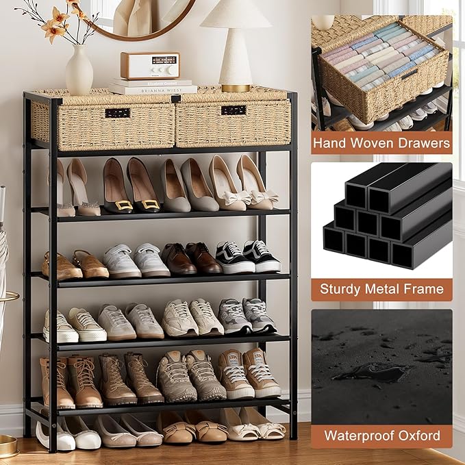 Shoe Rack, 5 Tier Shoe Storage Organizer with 2 Hand Woven Drawers, Metal Shoe Shelf for 16-20 Pairs of Shoes, with 4 Fabric Shelves and Woven Top, Shoe Stand for Closet Entryway, Rustic Oak-NeatNest
