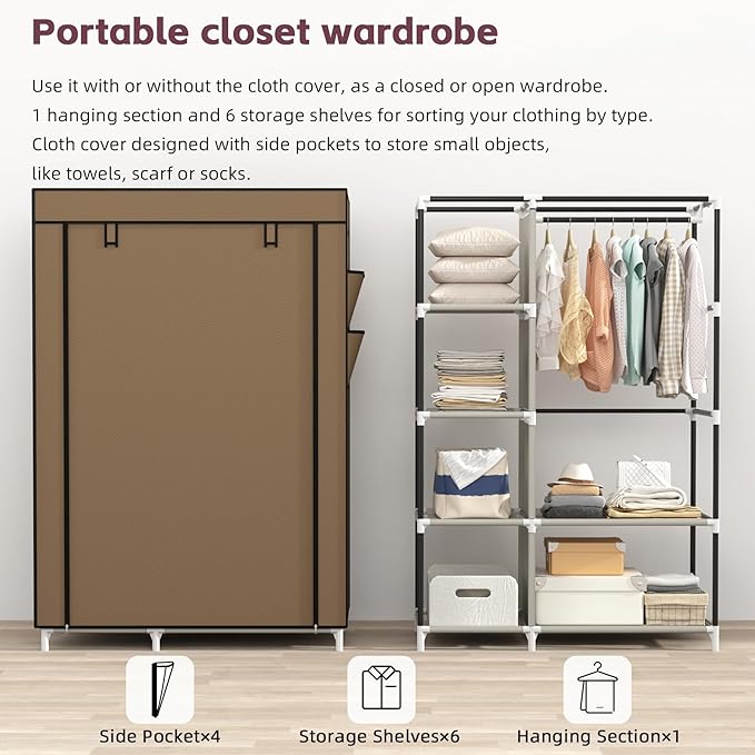 Calmootey Portable Closet Organizers, Clothing Storage, Wardrobe with 6 Shelves and Hanging Rod, Non-Woven Fabric Cover with 4 Side Pockets, Brown-NeatNest