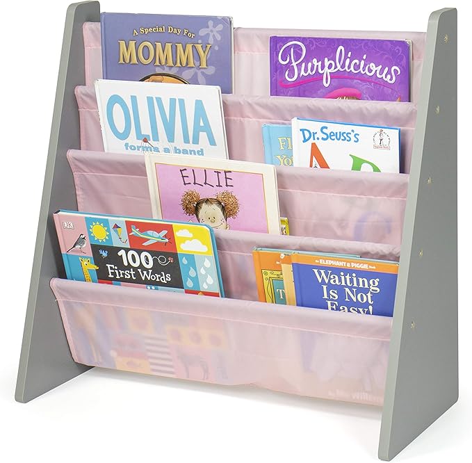 Humble Crew 4-Tier Kids Bookshelf, Grey Wood/Pink - Premium Book Shelf for Kids Rooms with Four Deep Pockets - Toddler Sling Book Rack with Deep Sleeves, Nursery Bookcase Organizer