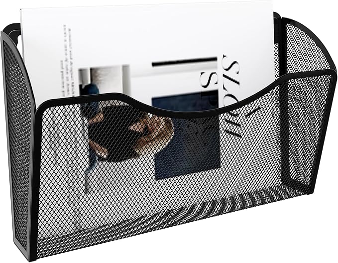 EasyPAG Wall File Holder, Single Mesh Hanging File Organizer for A4 Letter Size Paper, Wall Mount Paperwork Basket for Office, Home, School, Black
