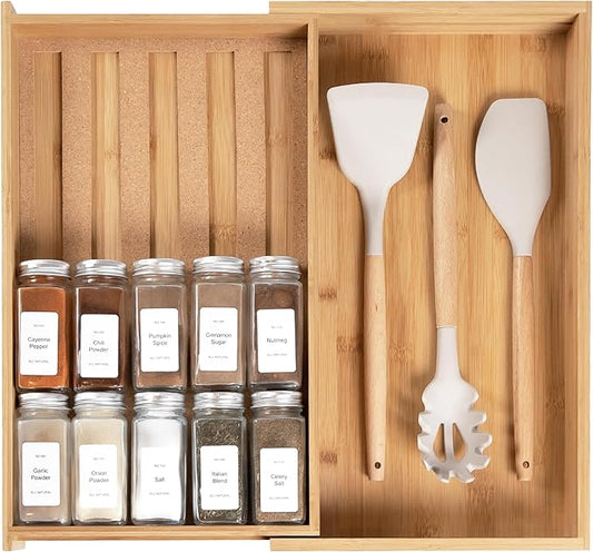 Spice Drawer Organizer with Expandable Storage. Holds up to 15 Spice Jars (Not Included), Non-Slip Feet, Kitchen Accessory Storage, 100% Sustainable Bamboo Wood