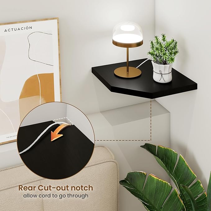 Fun Memories Corner Shelf Wall Mount, Solid Oak Wood Floating Corner Shelves with Cable Hole, 10in Rustic Design for Bedroom, Bathroom, Kitchen, Living Room (Black, 1 Pack)-NeatNest