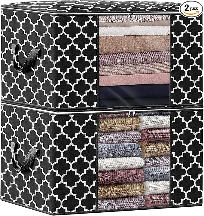 ISELIFE Storage Bags 100L 2-Pack Large Blanket Clothes Organization and Storage Containers for Bedding, Comforters, Foldable Organizer with Reinforced Handle, Clear Window, Sturdy Zippers, Black-NeatNest
