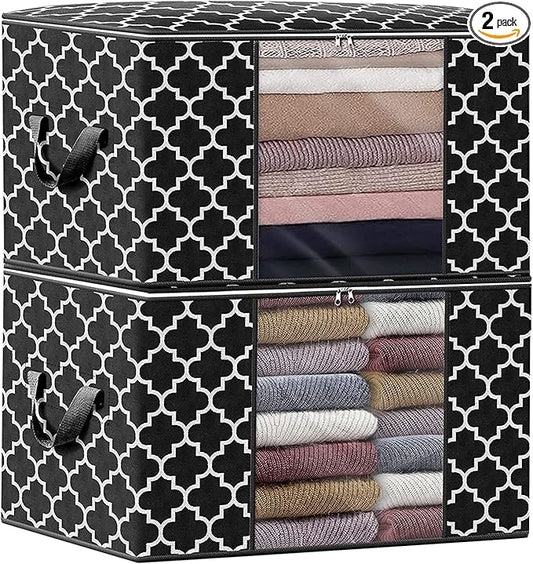 ISELIFE Storage Bags 100L 2-Pack Large Blanket Clothes Organization and Storage Containers for Bedding, Comforters, Foldable Organizer with Reinforced Handle, Clear Window, Sturdy Zippers, Black-NeatNest