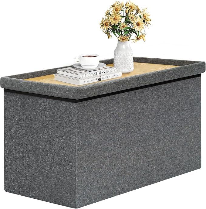 B FSOBEIIALEO Storage Ottoman with Tray, Linen Coffee Table Folding Long Shoes Bench Footstool, Dark Grey 30"x15.74"x15"-NeatNest