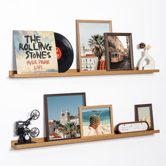 Fun Memories Picture Ledge Shelf, 48 Inch Floating Shelves Set of 2, Large Nursery Book Shelves for Toys Storage, Kids Bookshelf Wall Mounted for Wall Decor Books Photo Frames, Oak-NeatNest