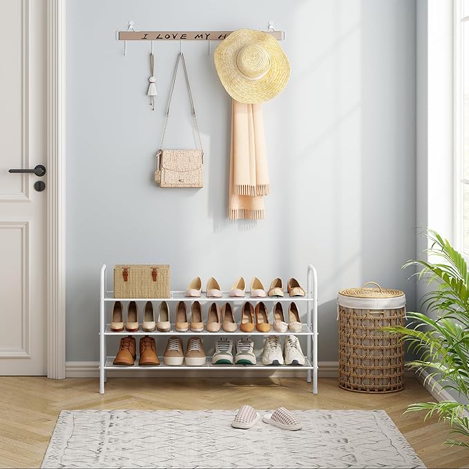 Hoctieon 3 Tier Mesh Style Shoe Rack, Entryway Shoe Shelf, Shoe Storage Organizer, Shoe Rack for Closet, Space Save for Bathroom, Garage, Hallway, Bedroom, Living Room, White-NeatNest