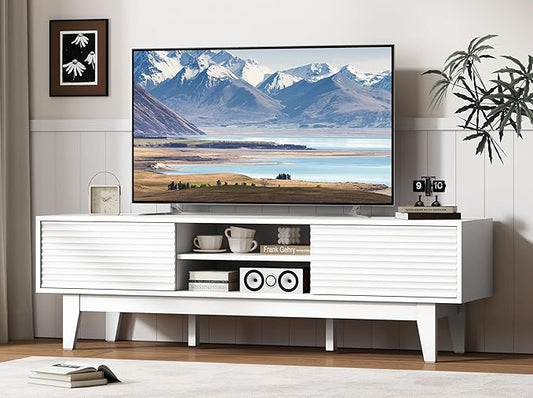 Fluted TV Stand for 55 65 Inch TV, Mid Century Modern Entertainment Center with Shelves, Cabinets & Sliding Doors, TV Media Console Table with Wood Feet & Cord Holes for Living Room, Bedroom, White-NeatNest