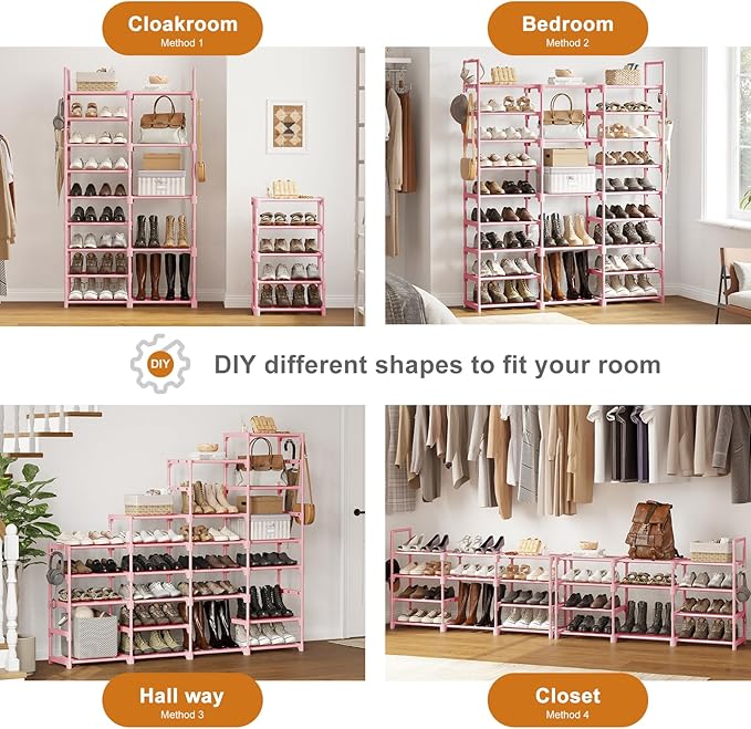 WOWLIVE 9 Tiers Large Shoe Rack Storage Organizer for Closet 50-55 Pairs Shoe Tower Unit Shelf Stackable Shoe Rack with Metal Pipes Plastic Connectors Pink-NeatNest