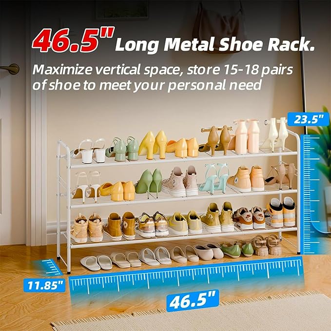 3 Tier Shoe Rack for Closet, 46.5 Inch Extra Long Shoe Storage Organizer for Shelves, Heavy Duty Metal, Easy Assembly, White-NeatNest