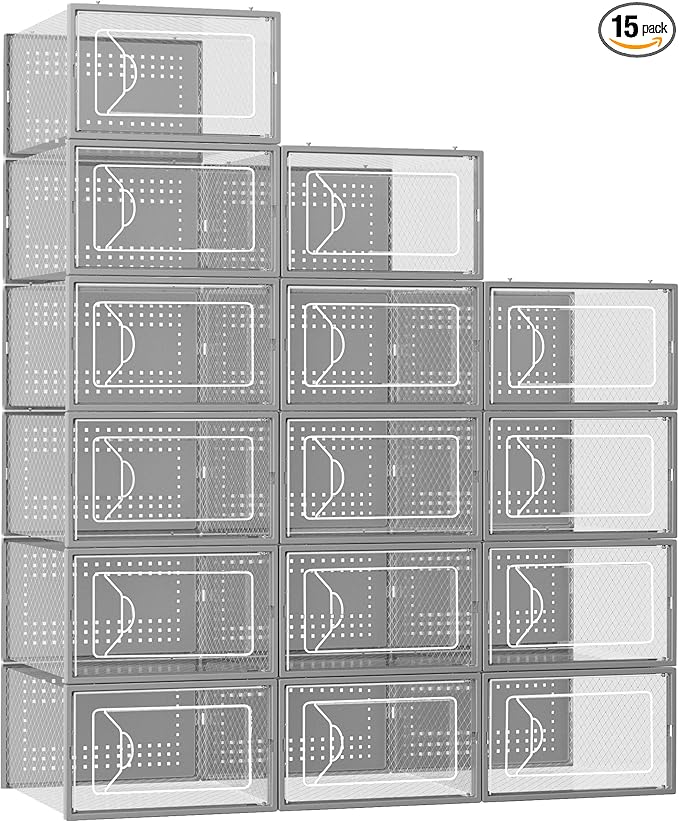 Shoe Storage Box, 15 Pack Clear Plastic Stackable Shoe Organizer for Closet, Interlocking Design Shoe Container Bins for Sneakers, Foldable Shoe Rack with Lids, Gray-NeatNest
