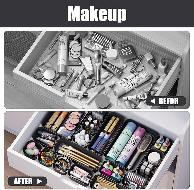 Plastic Drawer Organizers, 18 PCS Drawer Organizer Bins, Bathroom and Vanity Organizer Plastic Tray, Makeup organizer and storage for Makeup, Bedroom, Kitchen Gadgets Utensils and Office (Black)-NeatNest