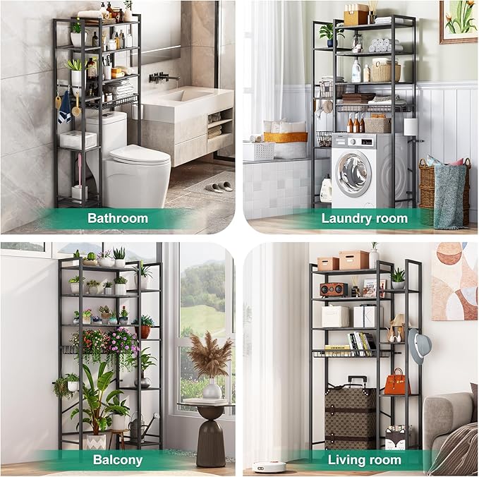 8-Tier Over The Toilet Storage with Side Rack, Over Toilet Storage Rack with Adjustable Shelf & Drain Basket, Freestanding Bathroom Organizer for Balcony, Laundry (Modern Grey)