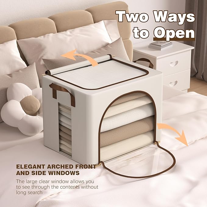 Furnhome 3 pack Clothes Storage Bins with metal Frame, sweater storage for closet, Stackable Storage bins for clothes, Foldable Clothing Storage bins with Cedar Blocks& Windows&Zippers|36L-Off White