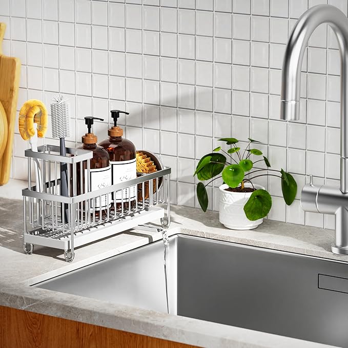 Cisily Extra Large Silver Sponge Holder for Kitchen Sink, Sink Caddy Organizer with High Brush Holder, Kitchen Countertop Organizers and Storage Essentials, Rustproof 304 Stainless Steel-NeatNest